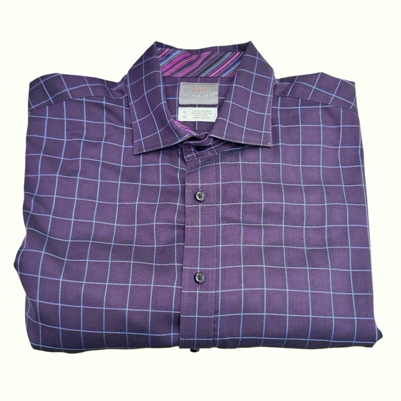 THOMAS DEAN PURPLE WITH BLUE SQUARE GRID LINES CHECKS FLIP CUFF SHIRT - Picture 1 of 7